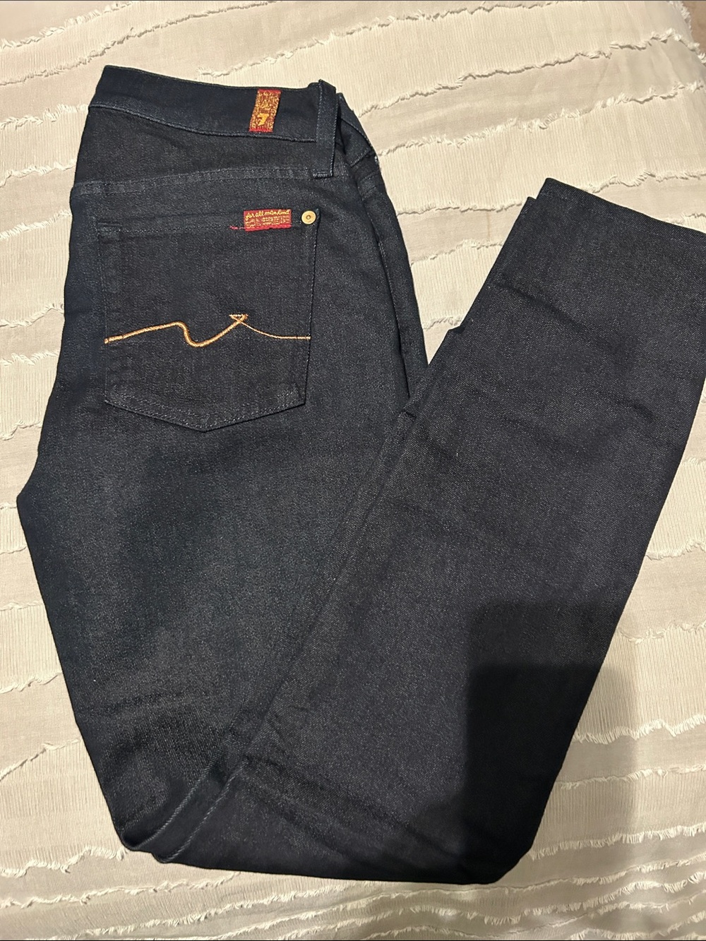 7 For All Mankind Dark Indigo Skinny Jeans 28 stretch gold stitch